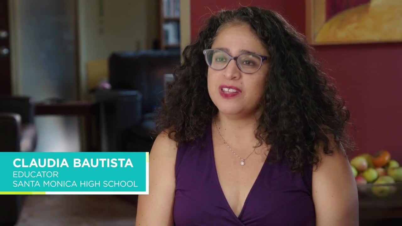 Facing History educator Claudia Bautista speaks.