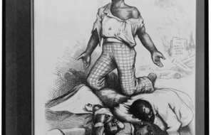 African American man kneeling by bodies of murdered African American people. In background sign reads, "the White Liners were here."