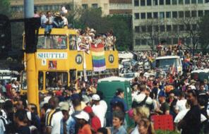 People gather downtown for pride parade in Cape Town, South Africa. 