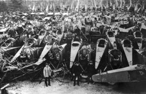  German military aircraft being dismantled and scrapped after World War I, according to the terms of the Treaty of Versailles.