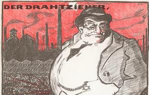 Poster featuring antisemitic caricature of a Jewish figure. 