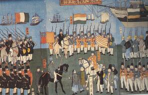 An Ukiyo-e of the Utagawa school depicting foreigners in Japan, including Russians, Dutch, British, Americans, French and Chinese. A closeup of the Dutch, Americans and Chinese in the center of the picture