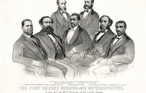  A drawing of the first Black 7 senators and representatives in the 41st and 42nd Congress of the United States.