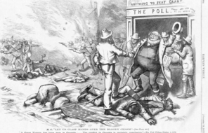Cartoon showing violence and dead bodies at polling place with two men shaking hands. 
