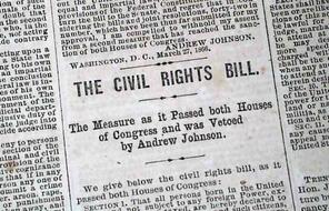 Historical newspaper with headline reading “civil rights bill.”  