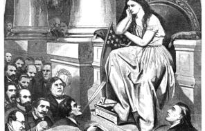 A black and white print shows a figure, Columbia, sitting with Confederate troops who are kneeling before her.