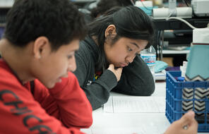 Two students concentrate at their desks.