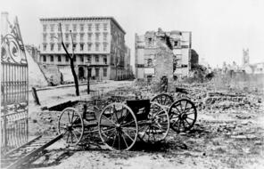 The ruins of Mills House and nearby buildings, Charleston, South Carolina, at end of American Civil War.