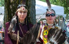 Two people from the Mohawk nation of Kahawake in traditional Mohawk dress.