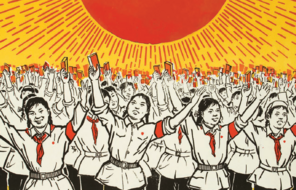 A drawing of young children in China holding little red books in the air.