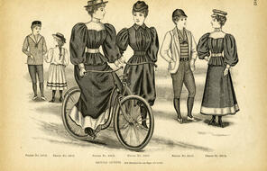 Sketch of men and women in bicycle attire in 1894.