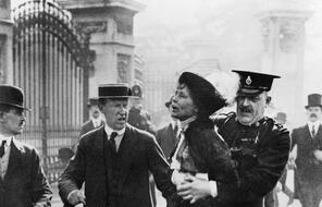 The leader of the Women's Suffragette movement, Mrs Emmeline Pankhurst is arrested by Superintendent Rolfe outside Buckingham Palace, London while trying to present a petition to HM King George V in May 1914.