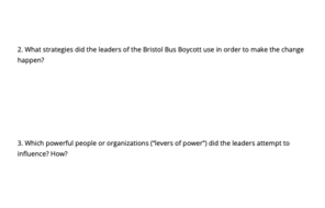Graphic image of handout: "Analysing the Levers of Power: The Bristol Bus Boycott"