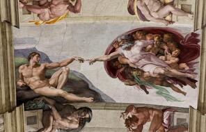 Photo of the Creation of Adam, fresco painted by Michelangelo (1475-1564), Sistine Chapel Ceiling (1508-1512) Rome, Vatican.