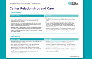 Preview of Center Relationship and Care: Reflection Prompts and Action Steps handout.