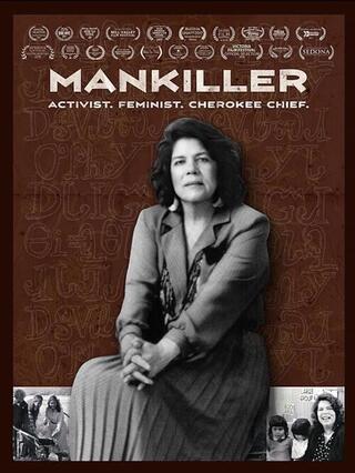 Film poster for the documentary film "Mankiller" with portrait of Wilma Mankiller, first woman Cherokee Chief, at center.