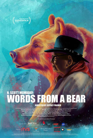 Illustration of N. Scott Momaday and a bear in front of an aqua background with title "Words from a Bear" in foreground.