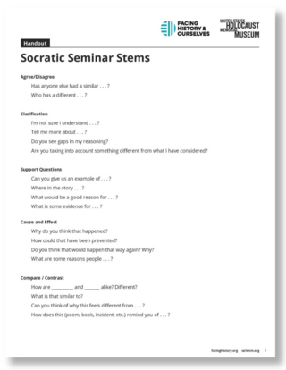 Preview Image of the Socratic Seminar Stems Sentence Starters.