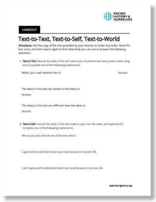 Preview Image of the Text to Text, Text to Self, Text to World Worksheet.