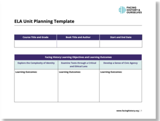 The ELA Unit Planning Template with three horizontal boxes with the titles "Course Title and Grade," "Book Title and Author," and "Start and End Date." Under there is another table titled "Facing History Learning Objectives and Learning Outcomes."