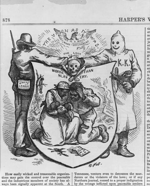 Man "White League" shaking hands with Ku Klux Klan member over shield illustrated with African American couple with dead(?) baby. In background, man hanging from tree.