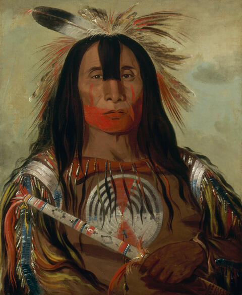  Painted portrait of a First Nation man in traditional attire.  