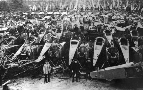  German military aircraft being dismantled and scrapped after World War I, according to the terms of the Treaty of Versailles.