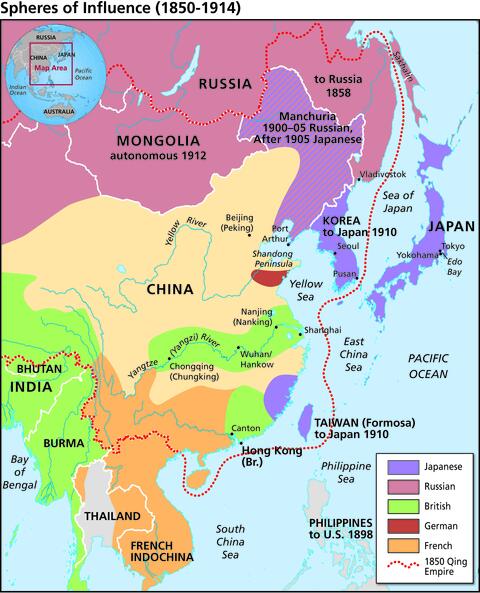 Map showing sphere(s) of influence that many Western nations had in Russia, Mongolia, China and Southeast Asia during 1850-1914.