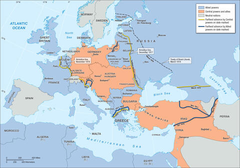 Map showing major alliances and advances of the Central and Allied powers during World War I.