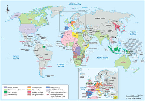 Map identifying territories of world empires after World War I.