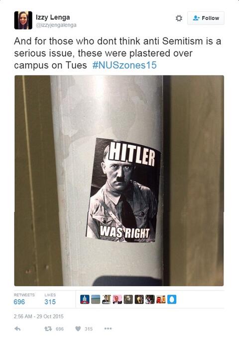 Tweet by Izzy Lenga speaking against antisemitic posters.