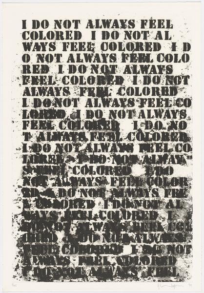 Black ink etching on white paper with the words "I do not always feel colored" written repeatedly. The ink gets smudged and illegible toward the end