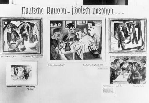  This display from a 1937 degenerate art exhibit is entitled ""German Peasants—From a Jewish Perspective.” It includes paintings by German Expressionist artists Ernst Ludwig Kirchner, Max Pechstein, and Karl Schmidt-Rottluff.