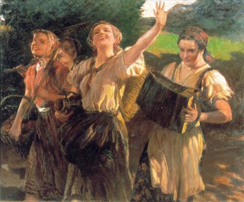 This painting, Working Maidens by Leopold Schmutzler, was showcased by the Nazis at the 1940 Great German Art Exhibition in Munich.