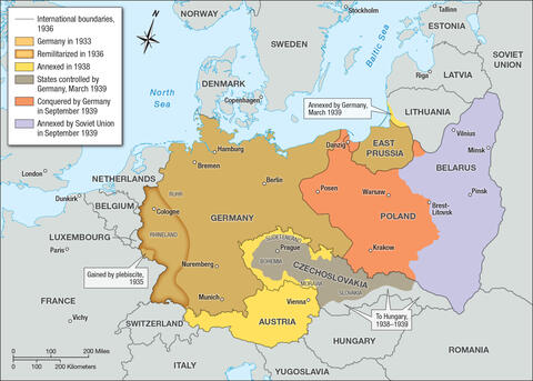 Map showing territory conquered, annexed, and remilitarized by Nazi Germany between 1933 and 1939.