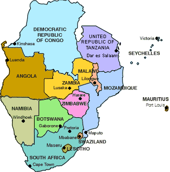 Southern region of Africa, with visible countries in different colors (Democratic Republic of the Congo, United Republic of Tanzania, Malawi, Zambia, Angola, Namibia, Botswana, Zimbabwe, Mozambique, South Africa, Lesotho, and Swaziland)