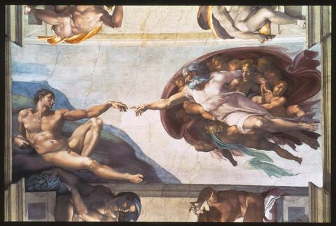 Painting of Adam and God dated circa 1508-1512 by Michelangelo.