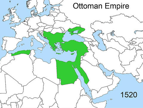 Map of Europe, Asia, and Africa, showing a small territory controlled by the Ottoman Empire in 1520.