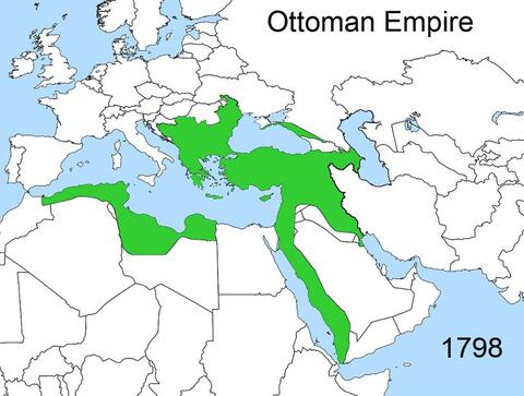 Map of Europe, Asia, and Africa, showing a small territory controlled by the Ottoman Empire in 1798.