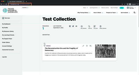 Screenshot of a test collection with URL highlighted on Facing History website.