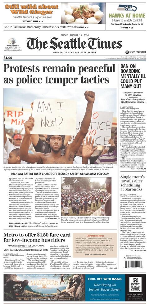 Front page of The Seattle Times, August 15, 2014.