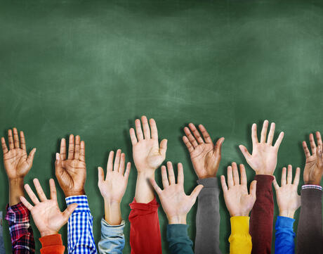 13 diverse hands are raised in front of a green background.