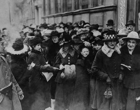  A crowd of women standing in line at a polling station in the Weimar Republic in 1919, the first year women were allowed to vote.