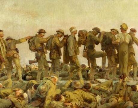 Painting title Gassed by John Singer Sargent. Shows World War I soldiers with bandaged eyes being led by other soldiers. Many dead and injured soldiers laying at the base of the painting.
