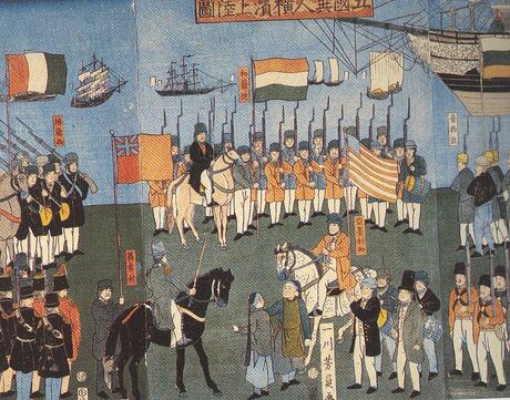 An Ukiyo-e of the Utagawa school depicting foreigners in Japan, including Russians, Dutch, British, Americans, French and Chinese. A closeup of the Dutch, Americans and Chinese in the center of the picture