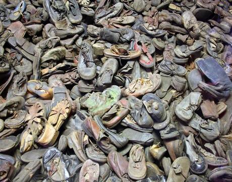 A memorial at Auschwitz of shoes taken from prisoners of the camp.