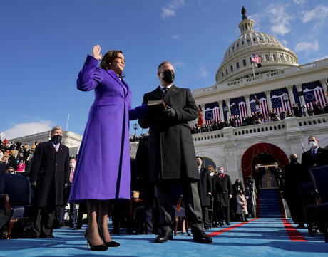 Kamala Harris being sworn in as the 49th Vice President of the United States.