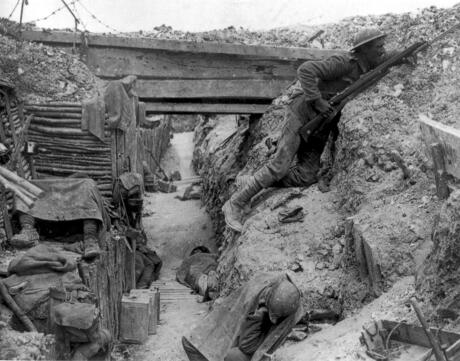 A German trench occupied by British Soldiers near the Albert-Bapaume road at Ovillers-la-Boisselle, July 1916 during the Battle of the Somme. The men are from A Company, 11th Battalion, The Cheshire Regiment.