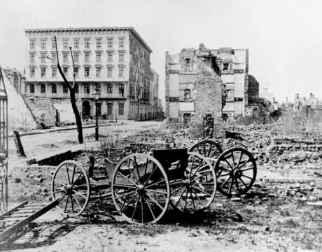 The ruins of Mills House and nearby buildings, Charleston, South Carolina, at end of American Civil War.