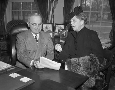  President Harry S. Truman with Eleanor Roosevelt on July 1, 1948, in Washington, DC. 